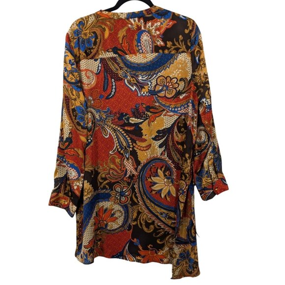 Chicos Paisley Tunic Top Size L Lace Up Long Sleeve Asymmetrical Hem Boho Indie - Picture 2 of 12